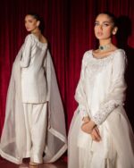 White Color Natural Crepe Fabric Thread With Sequence Work Farshi Style Suit