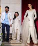 White Color Natural Crepe Fabric Thread With Sequence Work Farshi Style Suit