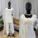 White Color Natural Crepe Fabric Thread With Sequence Work Farshi Style Suit