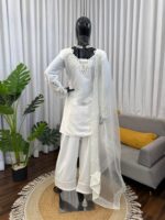 White Color Natural Crepe Fabric Thread With Sequence Work Farshi Style Suit