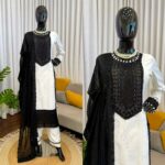 White Color Natural Crepe Fabric Thread With Sequence Work Suit