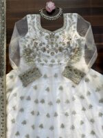 White Color Soft Net Fabric Thread With Sequence Work Lehenga Gown
