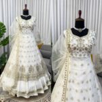 White Color Soft Net Fabric Thread With Sequence Work Lehenga Gown
