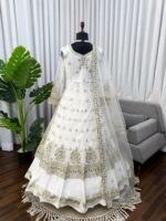 White Color Soft Net Fabric Thread With Sequence Work Lehenga Gown