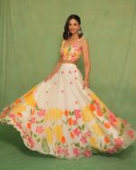 White Color Tabby Silk Fabric Floral Print Work Haldi Special Lehenga
