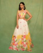 White Color Tabby Silk Fabric Floral Print Work Haldi Special Lehenga