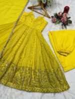 Yellow Color Tabby Organza Fabric Jari With Sequence Work Sharara Gown