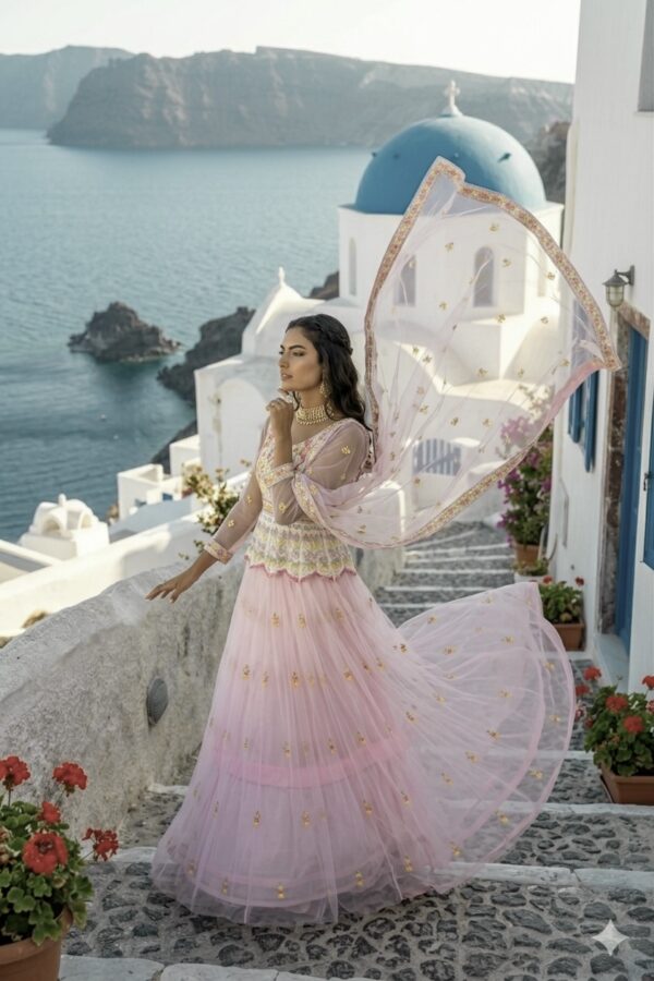 Baby Pink Color Double Layer Net Fabric Thread Work Lehenga
