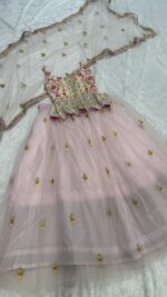 Baby Pink Color Double Layer Net Fabric Thread Work Lehenga