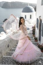 Baby Pink Color Double Layer Net Fabric Thread Work Lehenga