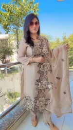 Beige Color Mul Chanderi Fabric Thread Work Suit