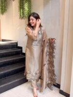 Beige Color Mul Chanderi Fabric Thread Work Suit