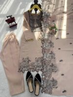 Beige Color Mul Chanderi Fabric Thread Work Suit