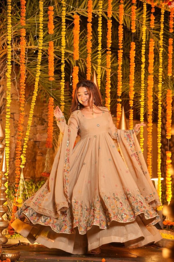 Beige Color Soft Crunchy Silk Fabric Sequence Multi Embroidery Work Sharara Gown