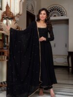 Black Color Faux Blooming Fabric Jari Thread Work Suit