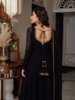 Black Color Faux Blooming Fabric Jari Thread Work Suit