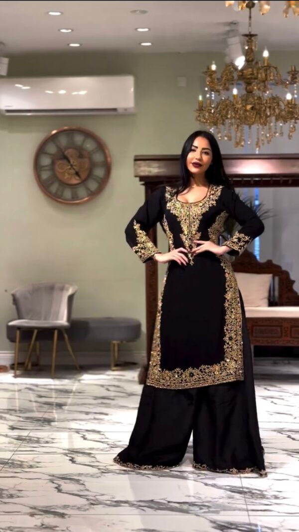 Black Color Faux Georgette Fabric Thread With Sequence Work Palazzo Suit