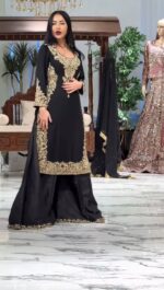 Black Color Faux Georgette Fabric Thread With Sequence Work Palazzo Suit