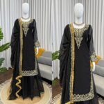 Black Color Faux Georgette Fabric Thread With Sequence Work Palazzo Suit