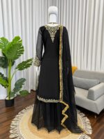 Black Color Faux Georgette Fabric Thread With Sequence Work Palazzo Suit
