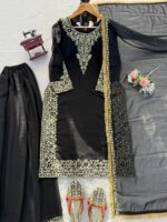 Black Color Faux Georgette Fabric Thread With Sequence Work Palazzo Suit