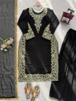 Black Color Faux Georgette Fabric Thread With Sequence Work Palazzo Suit