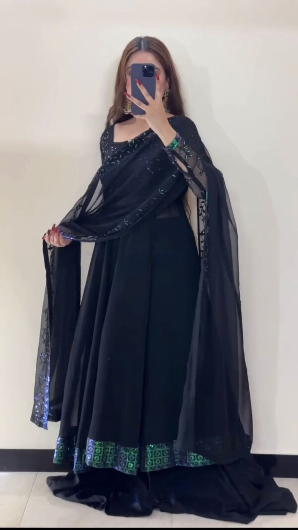 Black Color Faux Georgette Fabric Thread With Sequence Work Palazzo Suit