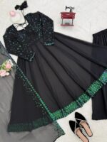 Black Color Faux Georgette Fabric Thread With Sequence Work Palazzo Suit