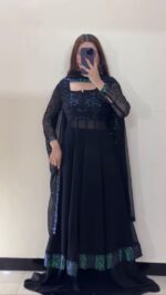 Black Color Faux Georgette Fabric Thread With Sequence Work Palazzo Suit