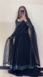 Black Color Faux Georgette Fabric Thread With Sequence Work Palazzo Suit