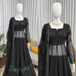Black Color Faux Georgette Fabric Thread With Sequence Work Palazzo Suit
