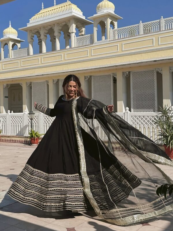 Black Color Rayon Fabric Coding Embroidery Sequence With Thread Work Gown