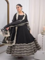 Black Color Rayon Fabric Coding Embroidery Sequence With Thread Work Gown