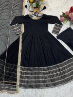 Black Color Rayon Fabric Coding Embroidery Sequence With Thread Work Gown