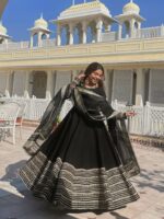 Black Color Rayon Fabric Coding Embroidery Sequence With Thread Work Gown