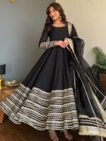Black Color Rayon Fabric Coding Embroidery Sequence With Thread Work Gown