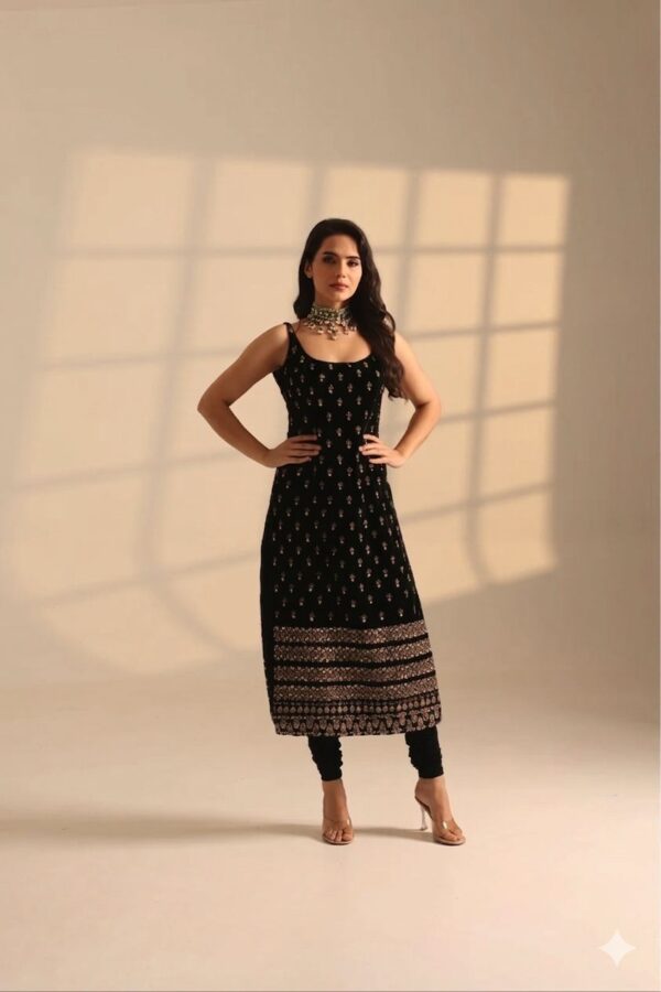 Black Color Roman Glass Fabric Sequence Work Suit
