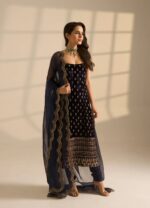 Black Color Roman Glass Fabric Sequence Work Suit