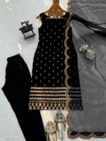 Black Color Roman Glass Fabric Sequence Work Suit