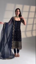 Blue Color Roman Glass Fabric Sequence Work Suit