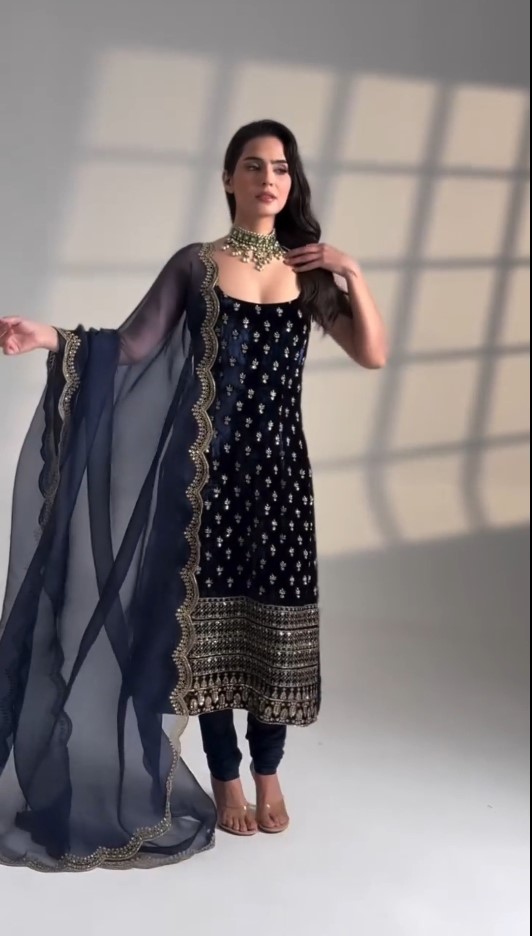 Blue Color Roman Glass Fabric Sequence Work Suit