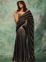 Bollywood Actress Chitrangada Singh Black Faux Georgette Fabric Mirror Work Lehenga Saree