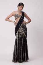 Bollywood Actress Chitrangada Singh Black Faux Georgette Fabric Mirror Work Lehenga Saree