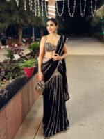 Bollywood Actress Chitrangada Singh Black Faux Georgette Fabric Mirror Work Lehenga Saree