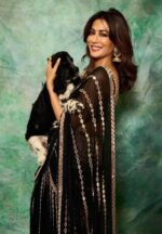 Bollywood Actress Chitrangada Singh Black Faux Georgette Fabric Mirror Work Lehenga Saree