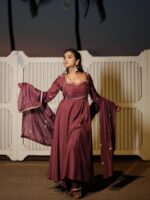 Chocolate Color Ho Silk Fabric Thread Work Suit