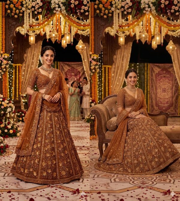 Chocolate Color Soft Butterfly Net Fabric Glass Sequence Work Kiara Advani Lehenga