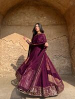 Dark Maroon Color Faux Georgette Fabric Sequence Work Gown