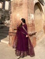 Dark Maroon Color Faux Georgette Fabric Sequence Work Gown