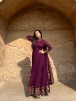 Dark Maroon Color Faux Georgette Fabric Sequence Work Gown